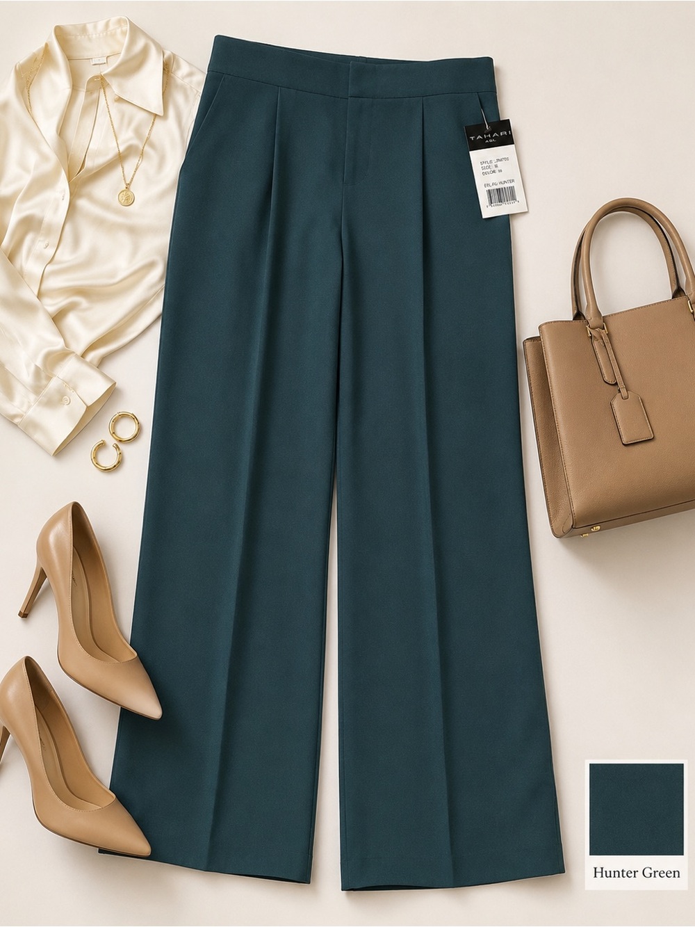 Tahari ASL Hunter Green Wide Leg Dress Pants NWT Size 16 Stretch Career